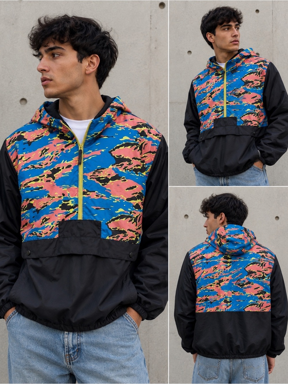 Vintage Black Jack 1999 USA Windbreaker Mens L Hooded 90s Retro Camo